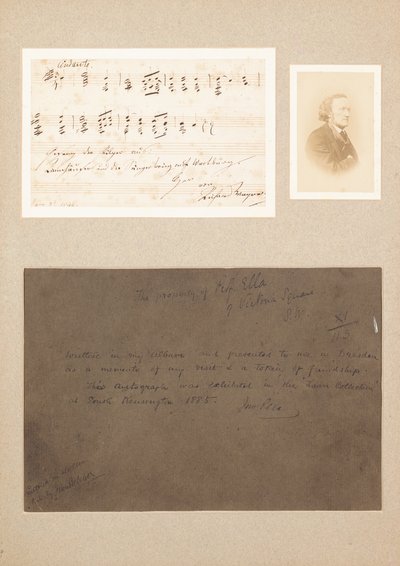 Cita musical autógrafa montada con fotografía de carte-de-visite de Wagner y una nota de procedencia de Richard Wagner