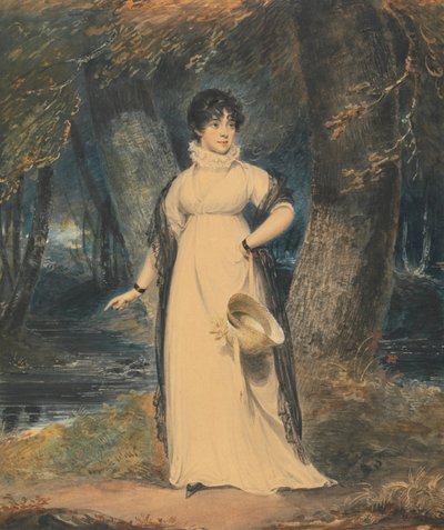 Un paisaje con el retrato de una dama, de cuerpo entero, sosteniendo un sombrero de Richard Westall
