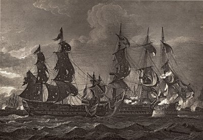 El HMS Captain abordando el San Nicholas y el San Josef, ilustración de 
