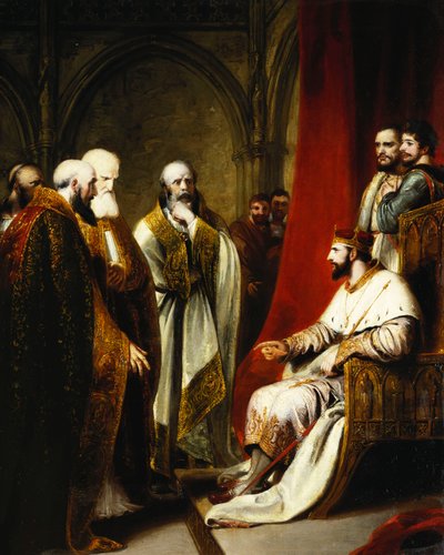 Enrique III respondiendo al arzobispo de Canterbury y a los obispos de Salisbury, Winchester y Carlisle, que exigían una reforma en el estado de Richard Westall