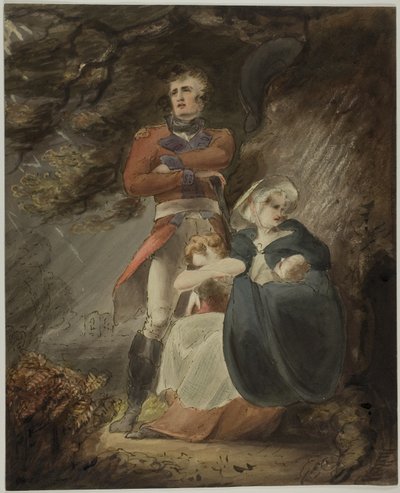 Oficial buscando refugio con su mujer y sus hijos de una tormenta (anverso); Boceto de castillo en una colina (reverso) de Richard Westall