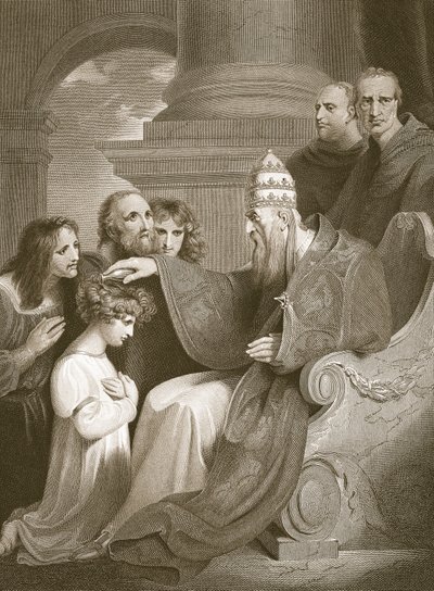 El príncipe Alfredo ante el Papa León III, grabado por J. Stow, ilustración de 