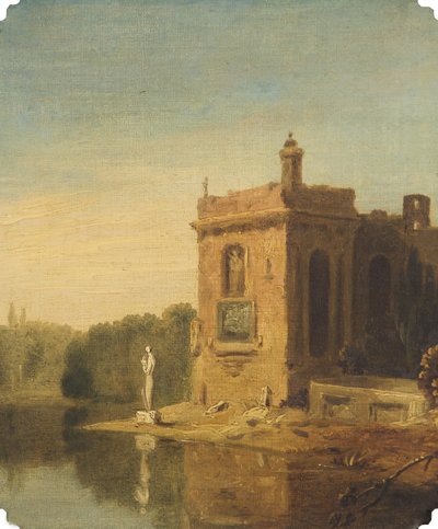 Un lago con un pabellón y una estatua, Italia (óleo sobre lienzo) de Richard Wilson