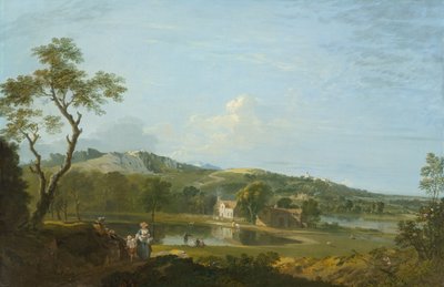 Un extenso paisaje con casitas cerca de un lago, hacia 1744-1745 (óleo sobre lienzo) de Richard Wilson