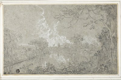 Banks of the River Dee near Eaton Hall, Cheshire, c.1759 (tiza en blanco y negro sobre papel verjurado azul, colocado sobre tarjeta) de Richard Wilson