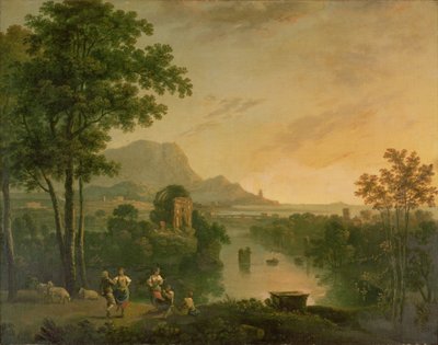Paisaje costero al atardecer con pastores y pastoras bailando de Richard Wilson