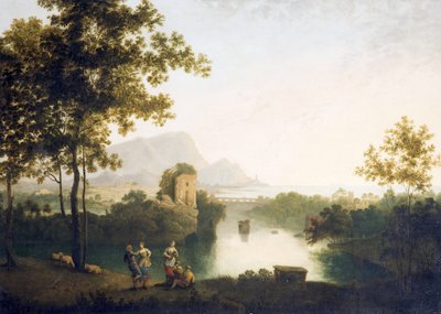 Tarde en la desembocadura del río con campesinos bailando (óleo sobre lienzo) de Richard Wilson