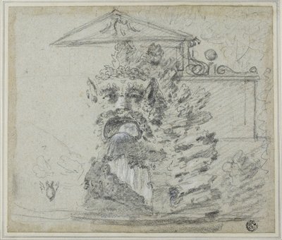 Il Mascherone", una fuente de Rocaille en los terrenos de Villa Borghese, c.1754 (tiza negra, realzada con tiza blanca y grafito, sobre papel azul, colocado en una tarjeta) de Richard Wilson
