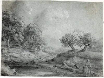 Paisaje con mujer y vacas (tiza negra con tiza, realzada con tiza blanca, sobre papel verjurado azul) de Richard Wilson