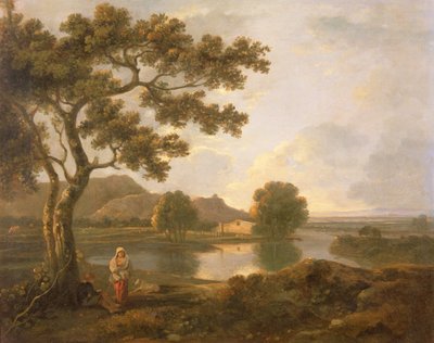 Escena fluvial con una granja (óleo sobre lienzo) de Richard Wilson