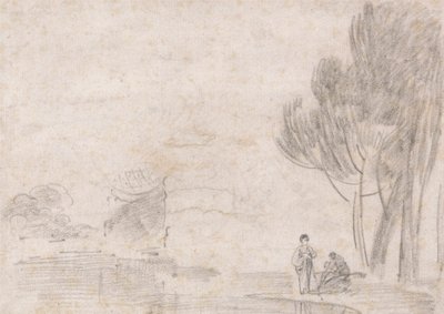 Templo de Minerva en ruinas, dos figuras a orillas del río de Richard Wilson
