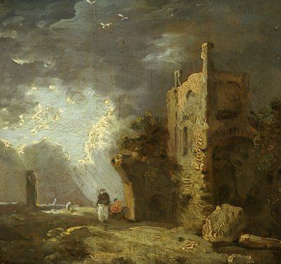 Torre en ruinas con figura, c.1770-79 (óleo sobre lienzo) de Richard Wilson
