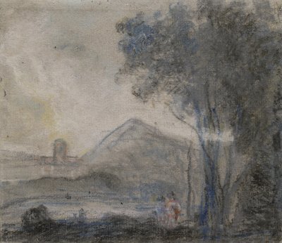 Estudio para "Cicerón y sus amigos" (tizas negras, blancas y de colores vivos sobre papel grisáceo) de Richard Wilson