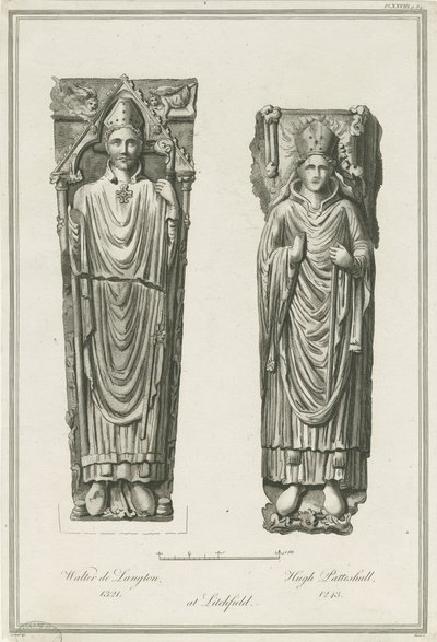 Catedral de Lichfield - Efigies de Walter de Langton y Hugh de Patteshull: grabado de Richard Woollett Basire