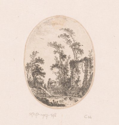 Estanque de patos con algunos árboles alrededor
Colección de vistas, paisajes, fragmentos antiguos y temas históricos (título de la serie)
Recueil de griffonis, de vues, paysages, fragments antiques et sujets historiques (título de la serie) de Richard de Saint Non