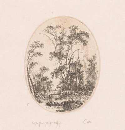 Paisaje con estructura de madera sobre pilotes, a la izquierda una mujer en un puente
Colección de vistas, paisajes, fragmentos antiguos y temas históricos (título de la serie)
Recueil de griffonis, de vuestras vistas, paysages, fragments antiques et suj de Richard de Saint Non