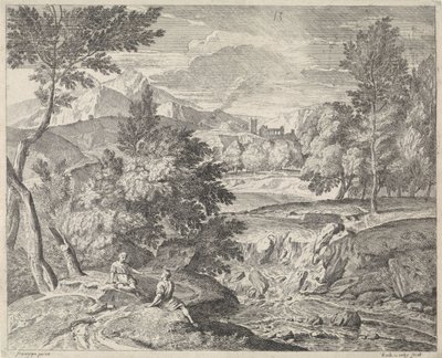 Paisaje arcádico con dos figuras junto a una cascada de Richard van Orley (II)