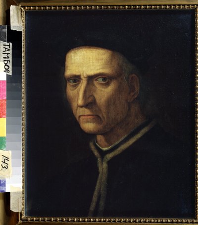 ""Retrato de un hombre"". Hombre vestido de negro con mirada mezquina o expresión severa (seria). Pintura de Ridolfo Ghirlandaio (1483-1561) Galería de Arte Regional del siglo XVI, Tambov, Rusia de Ridolfo Il  Ghirlandaio