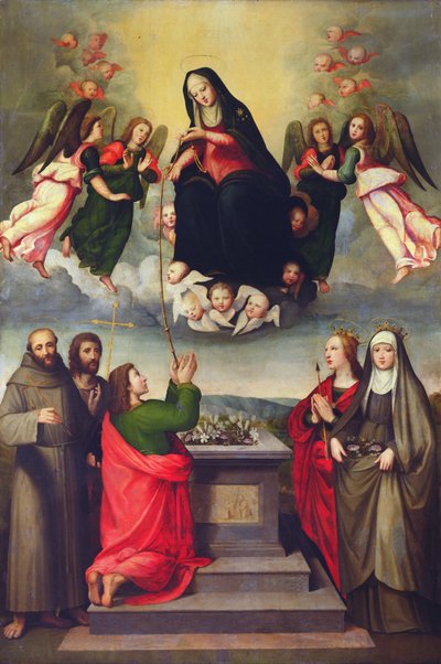 La Virgen del Cinturón Sagrado con SS. Tomás, Francisco, Juan el Bautista, Úrsula y Isabel de Hungría de Ridolfo , Il Ghirlandaio