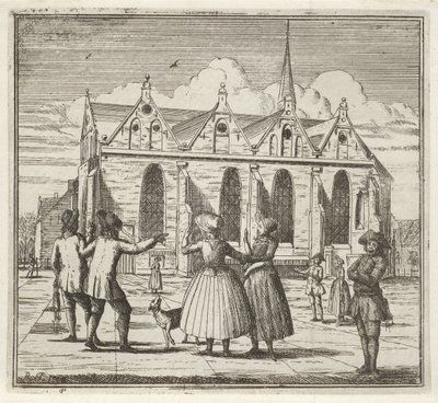 Hombres y mujeres en una plaza cerca de Grote Kerk en Leeuwarden El invierno. (título de la serie) Escenas de invierno (título de la serie) de Rienk Jelgerhuis
