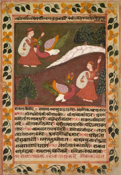 Página con dos escenas del rapto de Sita, de un Ramayana, c. 1745 de Rikhaji