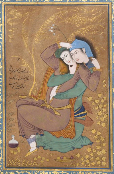 Los amantes, c.1630 (acuarela, tinta y oro sobre papel) de Riza i Abbasi