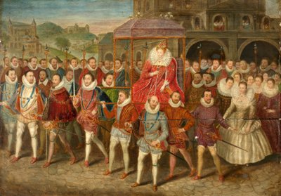 Procesión de la reina Isabel I, c.1800-40 (óleo sobre tabla) de Robert (after) Peake