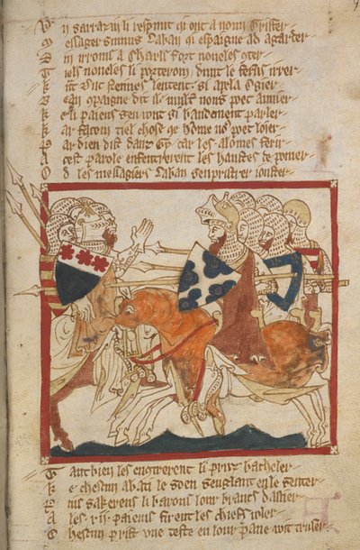 Egerton 3028 f.98 Derrotan a los sarracenos enviados a su encuentro, ilustración de "Roman de Brut, un epítome en verso con continuación a Eduardo III; La Destrucción de Roma; Fierabras" (tinta y color sobre vitela) de Robert (c.1110 74) Wace