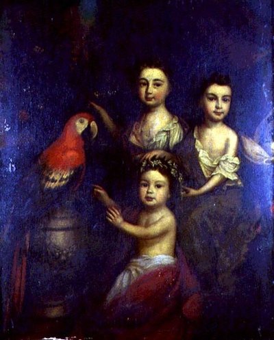 Retrato de tres niños con un guacamayo de Robert (circle of) Byng or Bing