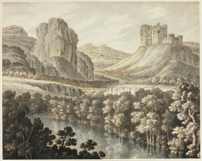 Un paisaje romántico con un castillo en ruinas de Robert Adam