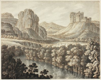 Un paisaje romántico con un castillo en ruinas de Robert Adam