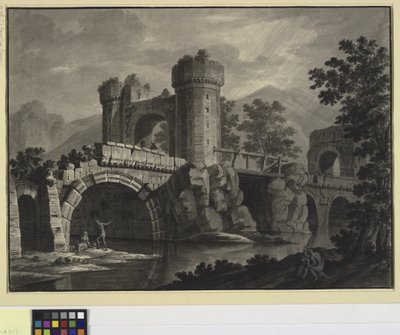 Fantasía arquitectónica de un puente en ruinas en un paisaje de Robert Adam