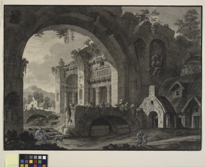 Fantasía arquitectónica con ruinas de un baño antiguo y cabañas de Robert Adam