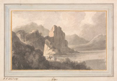 Figuras en un paisaje rocoso y romántico de Robert Adam