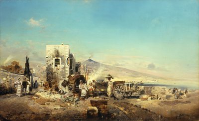 Un pueblo napolitano con el Vesubio en la distancia, 1889 de Robert Alott