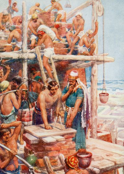Construyendo la Torre de Babel (litografía en color) de Robert Ambrose (after) Dudley