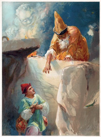 Aladino y el mago, ilustración de "Érase una vez" publicada por Ernest Mister, c.1900 (litografía en color) de Robert Ambrose Dudley