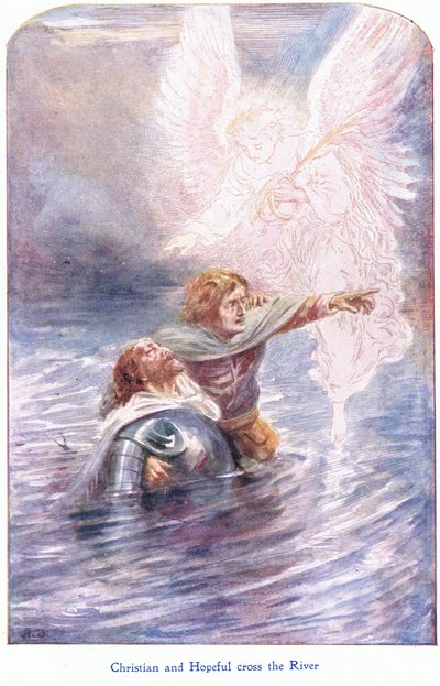 Christian y Hopeful cruzan el río, de The Pilgrims Progress publicado por John F Shaw & Co, c.1900