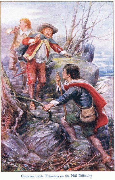 Christian se encuentra con Timorous en la colina de la dificultad, de El progreso del peregrino publicado por John F Shaw & Co, c.1900