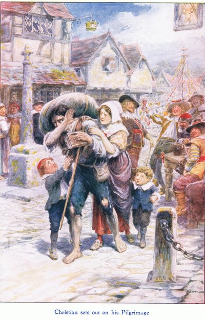 Christian emprende su peregrinaje, extraído de El progreso del peregrino, publicado por John F. Shaw & Co., hacia 1900 (litografía en color). de Robert Ambrose Dudley