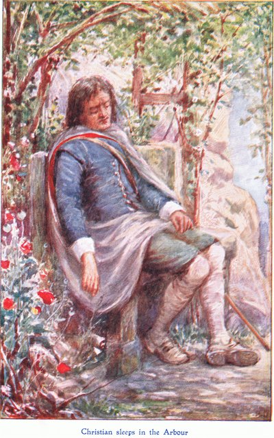 Christian duerme en el cenador, de El progreso del peregrino, publicado por John F. Shaw & Co., hacia 1900 (litografía en color) de Robert Ambrose Dudley