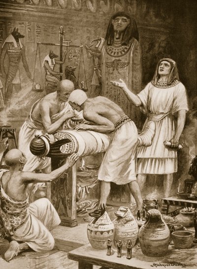 Embalsamar a los muertos, ilustración de "Hutchinsons History of the Nations", c.1910 (litografía) de Robert Ambrose Dudley