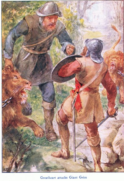 El gran corazón ataca al gigante Grim, de El progreso del peregrino, publicado por John F. Shaw & Co., hacia 1900 (litografía en color) de Robert Ambrose Dudley