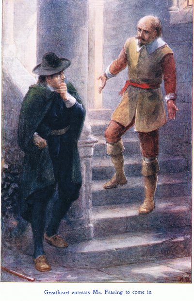 El Gran Corazón suplica al Sr. Fearing que entre, de El progreso del peregrino, publicado por John F. Shaw & Co., hacia 1900 (litografía en color) de Robert Ambrose Dudley