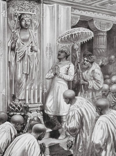 Kanishka inaugura el budismo mahayana (septentrional), 100 d.C. (litografía) de Robert Ambrose Dudley