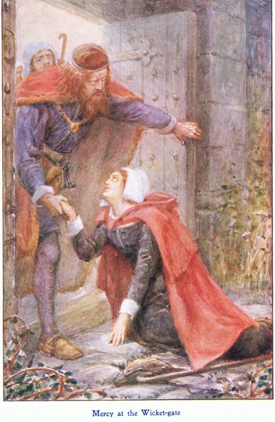 Mercy at the Wicker Gate, de The Pilgrims Progress publicado por John F Shaw & Co, c.1900
