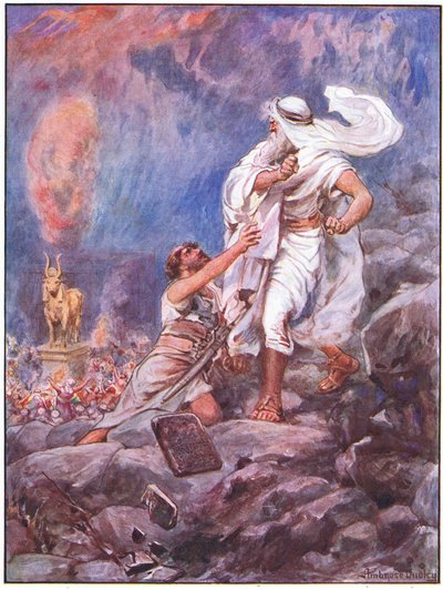Moisés destruye el Becerro de Oro (litografía en color) de Robert Ambrose Dudley
