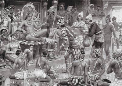 Pulikesin II, el Chalukhya, recibe a los enviados de Persia (litografía) de Robert Ambrose Dudley