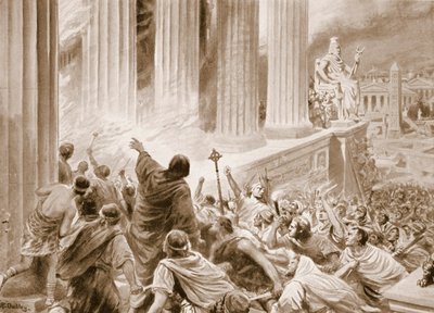 La quema de la Biblioteca de Alejandría en el año 391 d.C., ilustración de "Hutchinsons History of the Nations", c.1910 (litografía) de Robert Ambrose Dudley