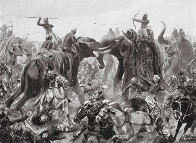 Derrota de Pulikesin II Chalukhya por Mahamalla Pallava en Badami, 642 d.C. (litografía) de Robert Ambrose Dudley